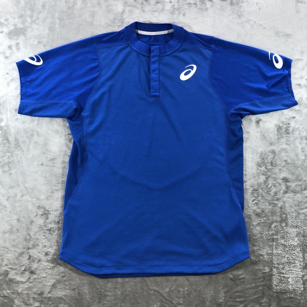 ASICS Shirt Mens Medium Blue Short Sleeve Mesh Henley Running Jersey 2041A068